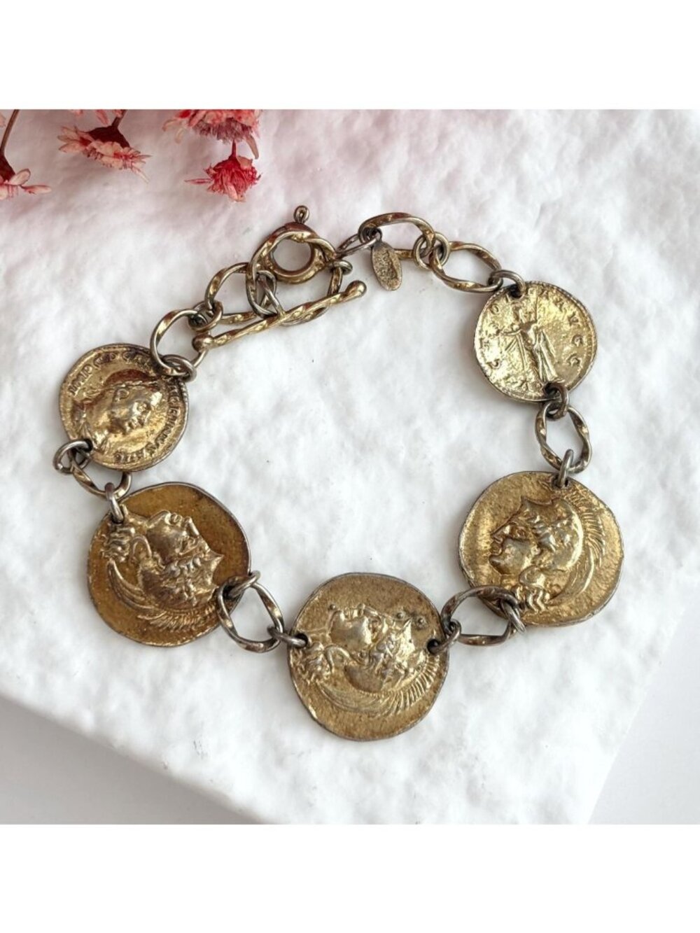 Gold Toned Coin Linked Vintage Turkish Made Costume Jewelry Bracelet